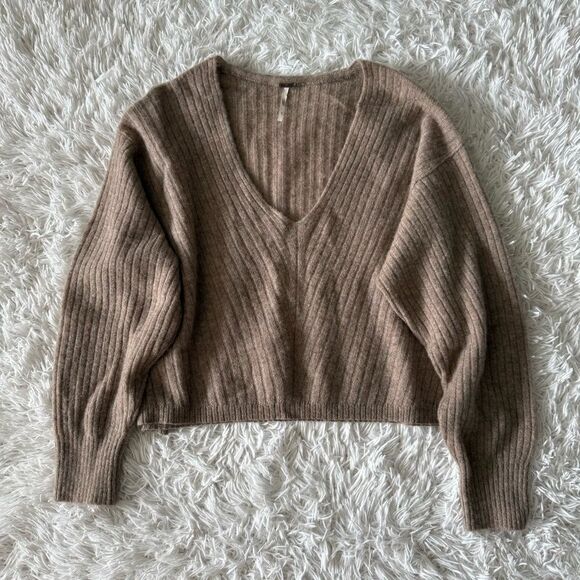 Free People Brown Ribbed Knit V-Neck Relaxed Fit Cashmere Sweater Size S - Picture 3 of 6